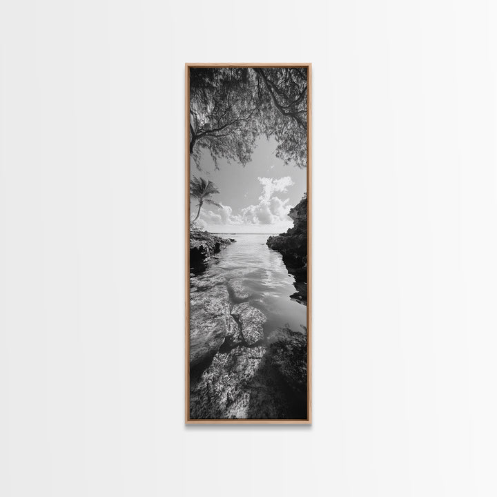 Island Cove, Palm Tree, Peaceful Sea, Tropical Coastline, Black and White Framed Canvas Print, Boho Beach Wall Art, Bathroom Decor