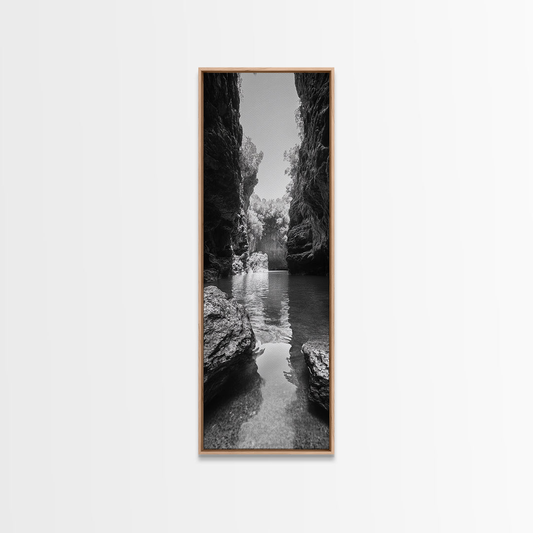 Cliff Canyon, Tranquil Water, Forest Reflection, Natural Pool, Framed Canvas Print, Black and White Nature Art, Spa Print, Hallway Decor