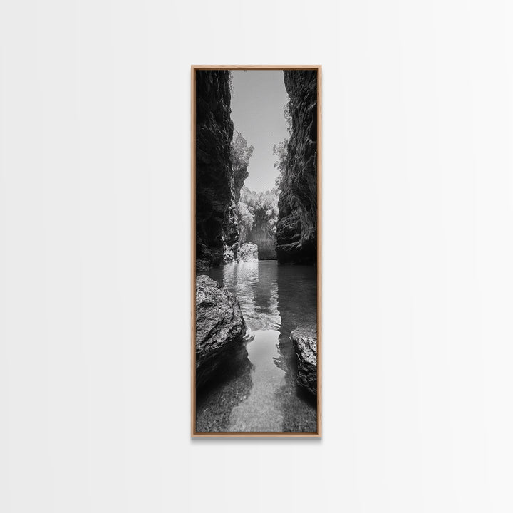 Cliff Canyon, Tranquil Water, Forest Reflection, Natural Pool, Framed Canvas Print, Black and White Nature Art, Spa Print, Hallway Decor