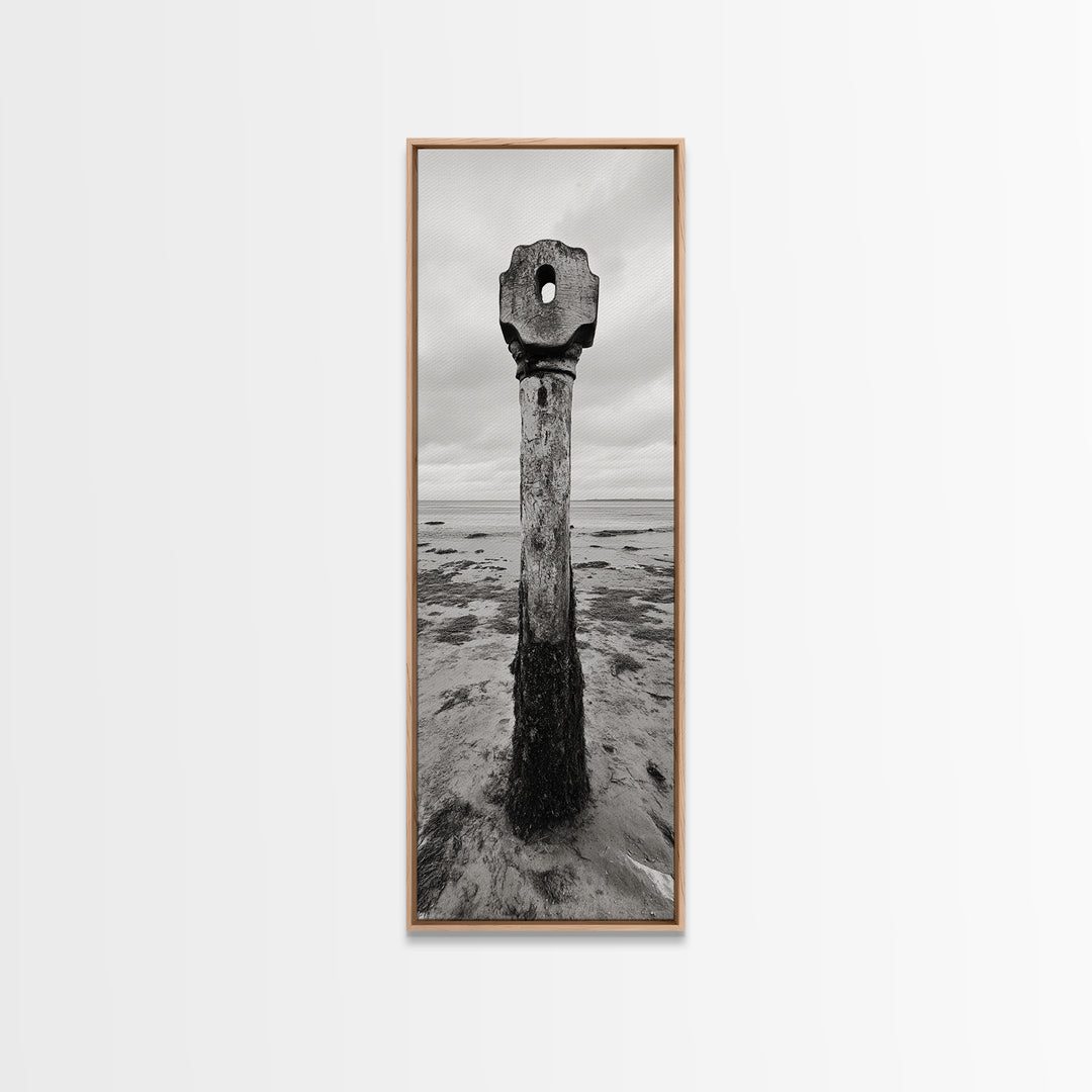 Driftwood Totem, Coastal Pillar, Ocean Beach Monochrome, Framed Canvas Print, Rustic Wall Art, Boho Bedroom Decor, Nature Photography