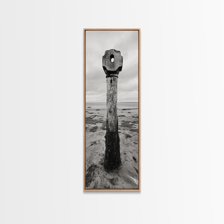 Driftwood Totem, Coastal Pillar, Ocean Beach Monochrome, Framed Canvas Print, Rustic Wall Art, Boho Bedroom Decor, Nature Photography