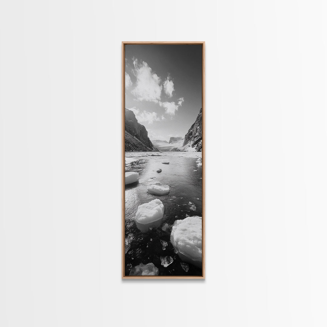 Arctic River, Snowy Mountains, Glacier Melt, Framed Canvas Print, Winter Landscape Art, Modern Living Room Decor, Nordic Aesthetic