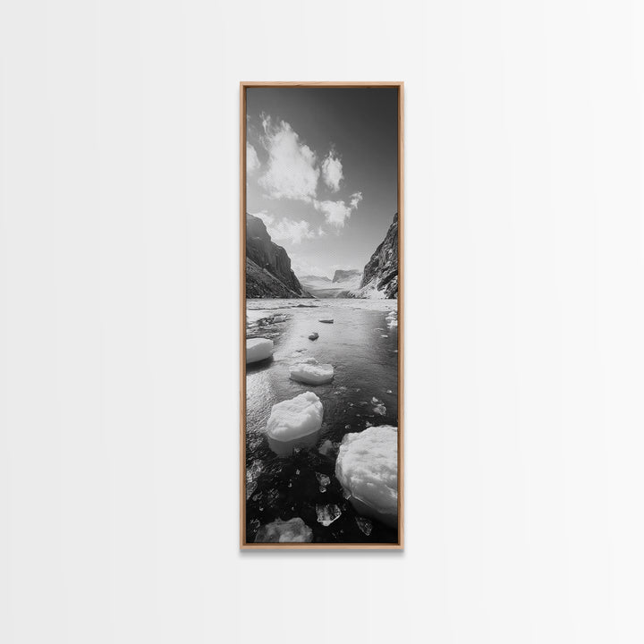 Arctic River, Snowy Mountains, Glacier Melt, Framed Canvas Print, Winter Landscape Art, Modern Living Room Decor, Nordic Aesthetic