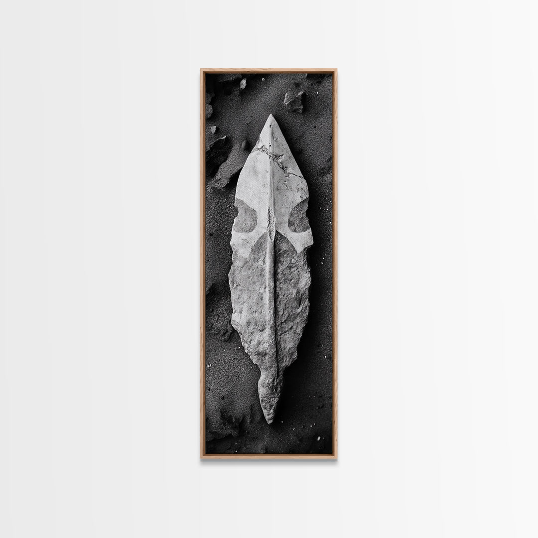 Ancient Arrowhead, Primitive Stone, Monochrome Artifact, Framed Canvas Print, Masculine Office Art, Boho Study Decor, Earthy Design