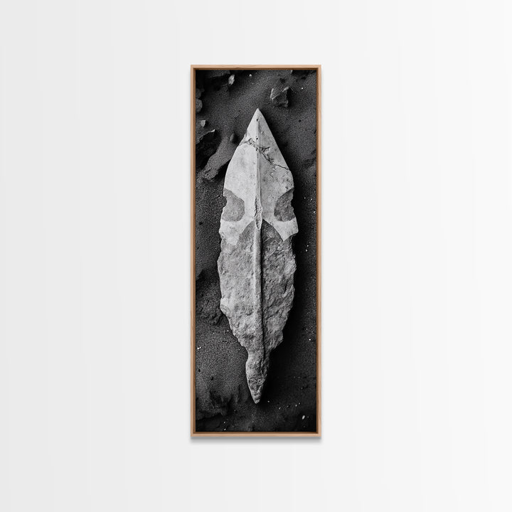 Ancient Arrowhead, Primitive Stone, Monochrome Artifact, Framed Canvas Print, Masculine Office Art, Boho Study Decor, Earthy Design