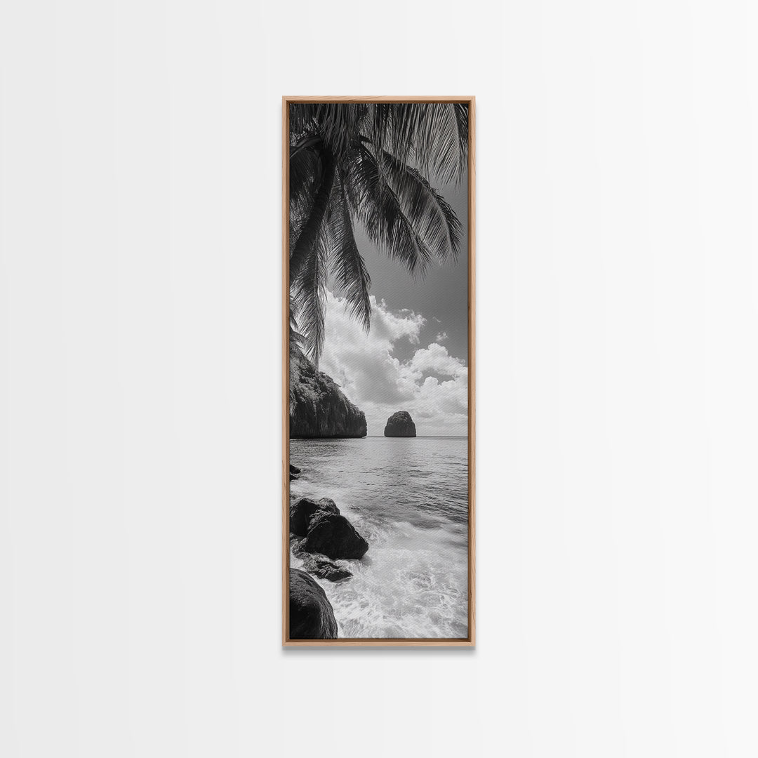 Island View, Palm Shoreline, Tropical Escape, Framed Canvas Print, Beach House Wall Art, Coastal Summer Decor, Zen Ocean Aesthetic