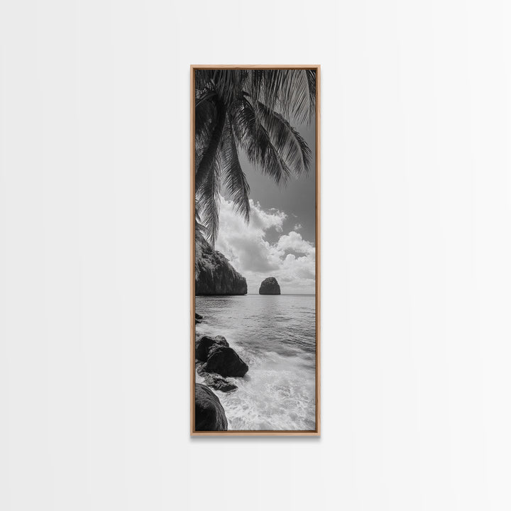 Island View, Palm Shoreline, Tropical Escape, Framed Canvas Print, Beach House Wall Art, Coastal Summer Decor, Zen Ocean Aesthetic