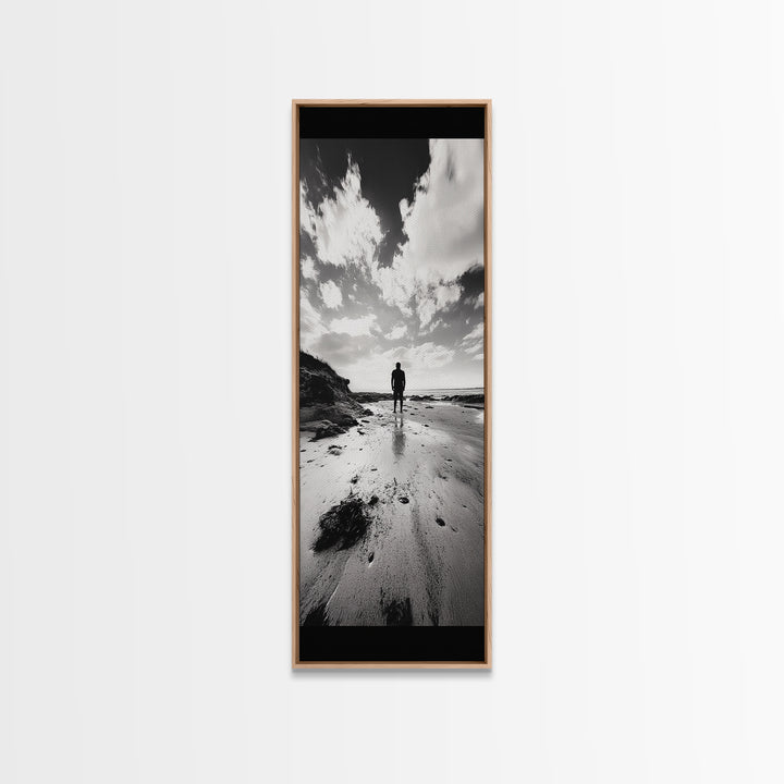 Lone Beach Walker, Dramatic Sky, Ocean Reflections, Solitude Moment, Framed Canvas Print, Hallway Wall Art, Moody Minimalist Decor