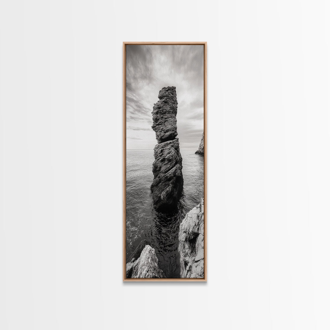 Coastal Rock, Ocean Tower, Nature Photography, Framed Canvas Print, Minimalist Wall Decor, Living Room Wall Art, Black and White Seascape