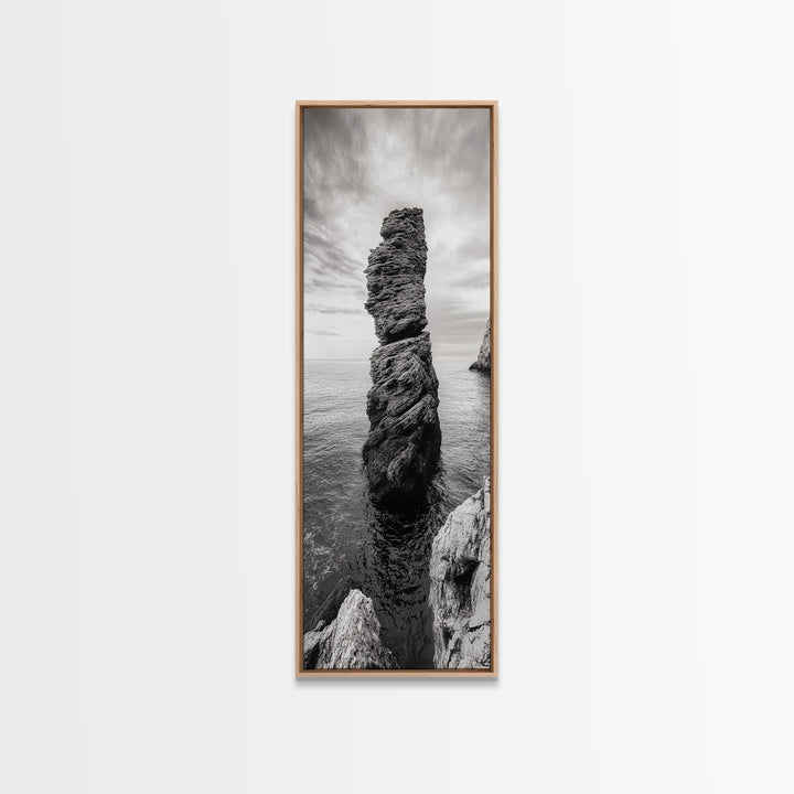 Coastal Rock, Ocean Tower, Nature Photography, Framed Canvas Print, Minimalist Wall Decor, Living Room Wall Art, Black and White Seascape