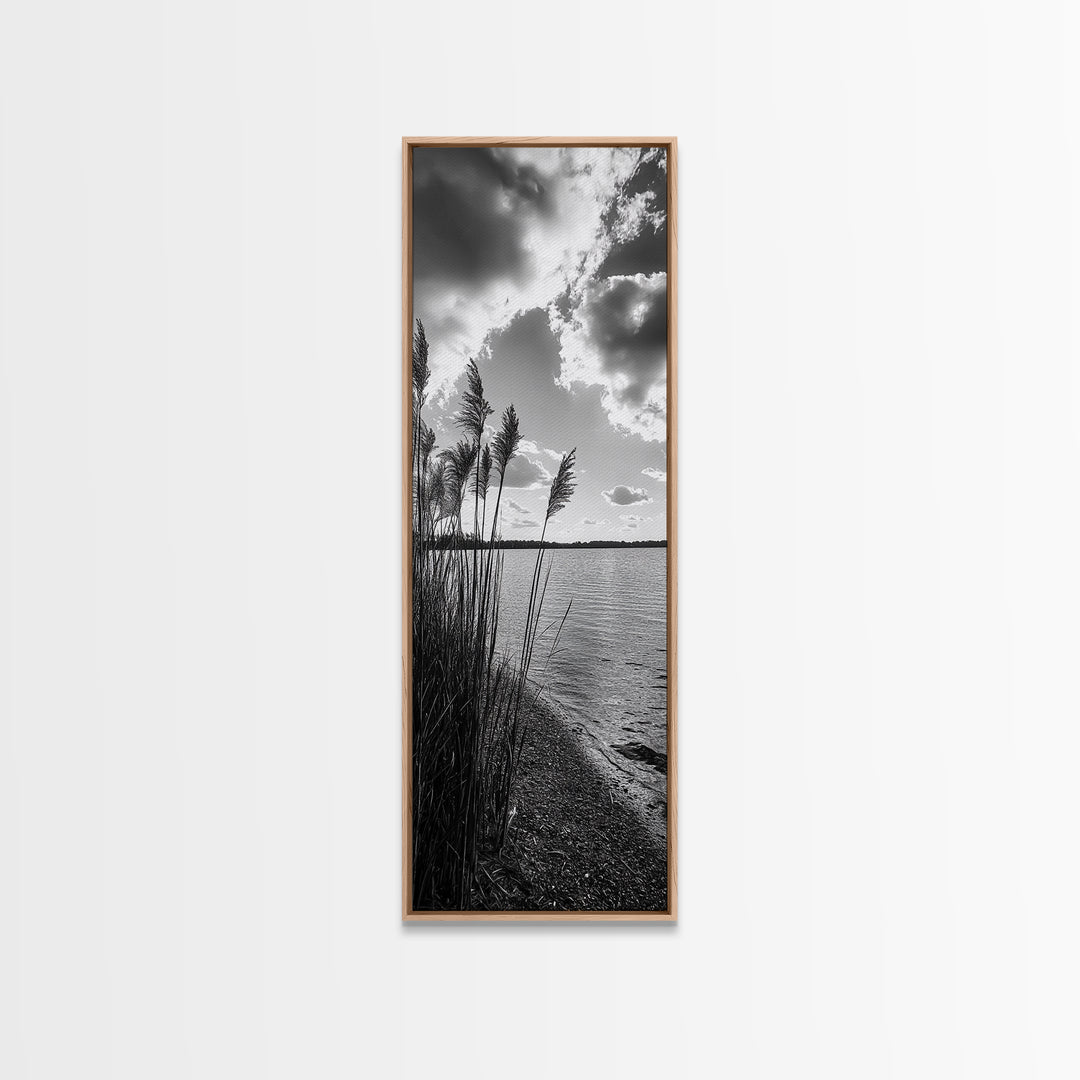 Reeds at Sunset, Lake Shoreline, Tranquil Water, Framed Canvas Print, Entryway Wall Art, Autumn Decor, Natural Photography, Neutral Tones
