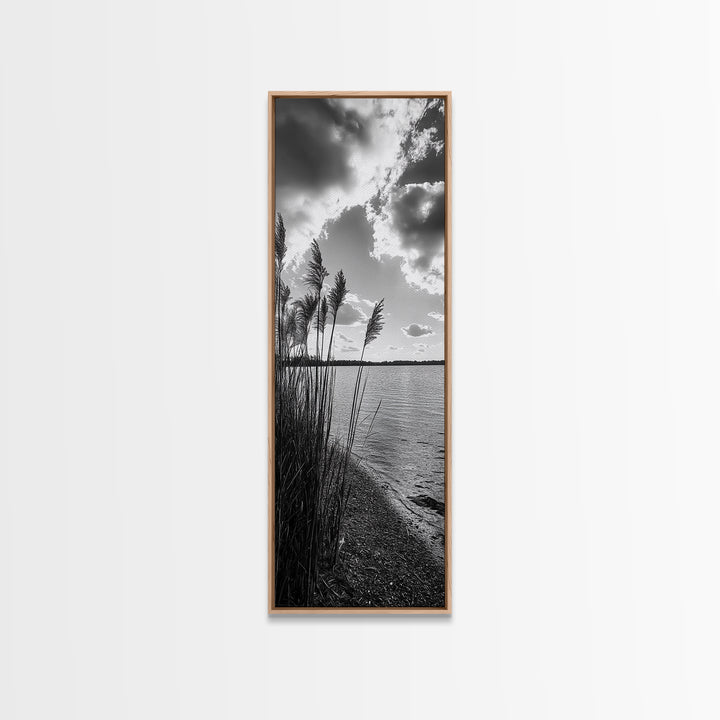 Reeds at Sunset, Lake Shoreline, Tranquil Water, Framed Canvas Print, Entryway Wall Art, Autumn Decor, Natural Photography, Neutral Tones