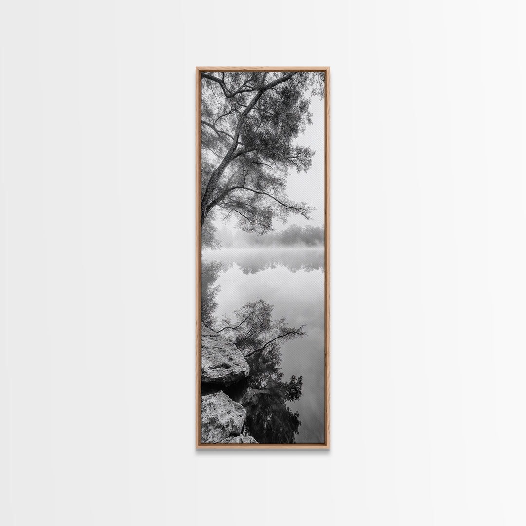Misty Lake, Tree Reflection, Tranquil Morning, Framed Canvas Print, Bedroom Wall Art, Serene Nature Photography, Minimalist Art Style