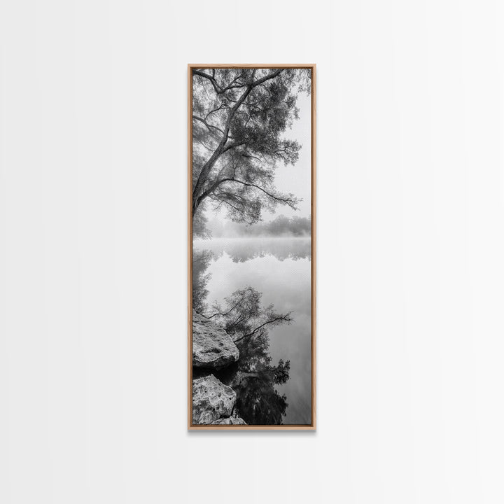 Misty Lake, Tree Reflection, Tranquil Morning, Framed Canvas Print, Bedroom Wall Art, Serene Nature Photography, Minimalist Art Style
