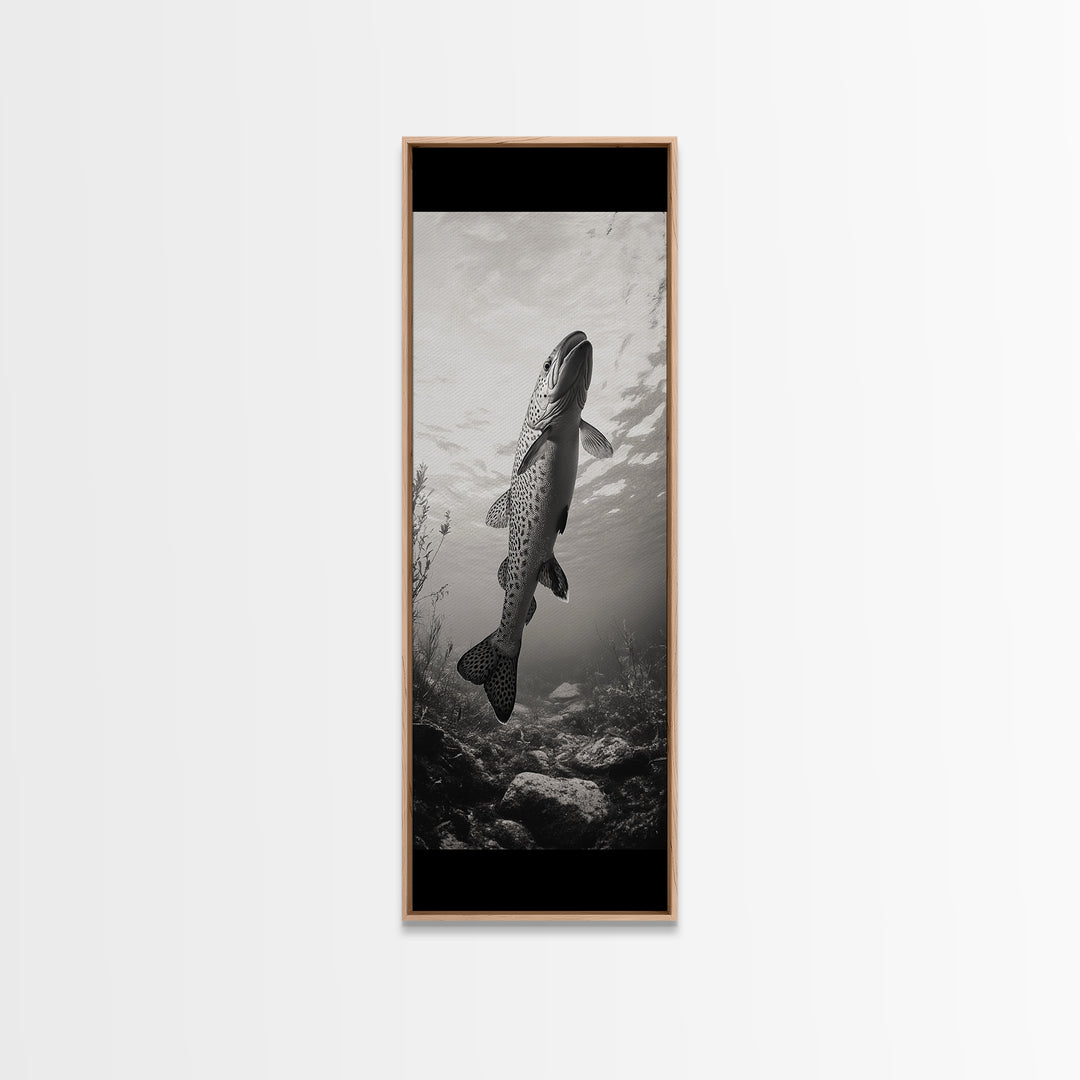 Rising Trout, Underwater Fish, Nature Close-Up, Canvas Print, Cabin Wall Art, Rustic Decor, Fishing Lover Gift, Black and White Art