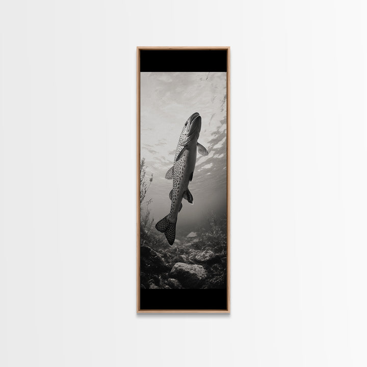 Rising Trout, Underwater Fish, Nature Close-Up, Canvas Print, Cabin Wall Art, Rustic Decor, Fishing Lover Gift, Black and White Art