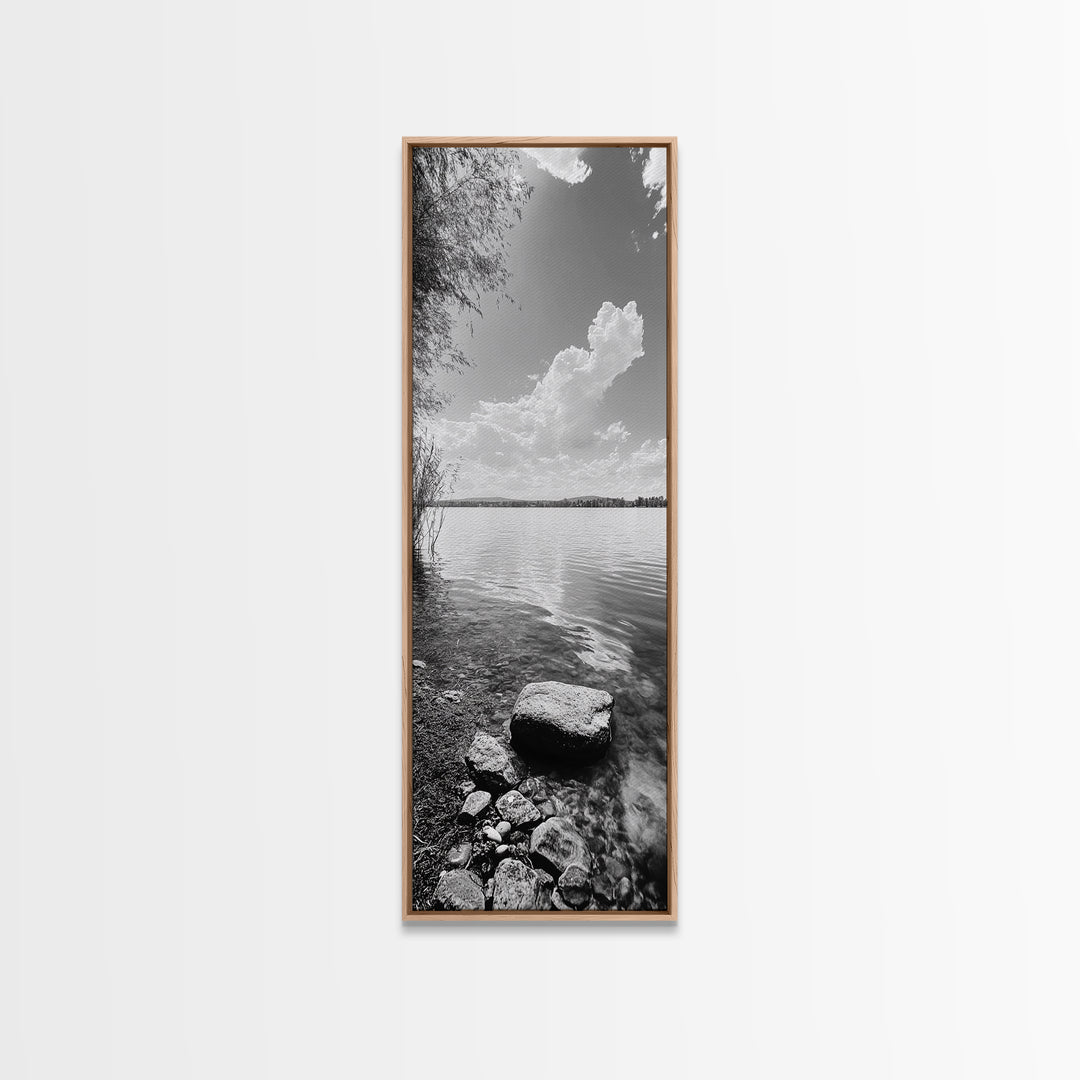 Peaceful Lake, Cloud Reflection, Shoreline Stones, Framed Canvas Print, Guest Room Wall Art, Nature Inspired Decor, Minimalist Landscape