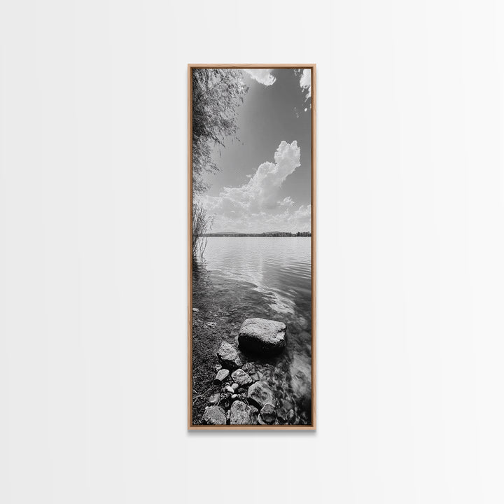 Peaceful Lake, Cloud Reflection, Shoreline Stones, Framed Canvas Print, Guest Room Wall Art, Nature Inspired Decor, Minimalist Landscape