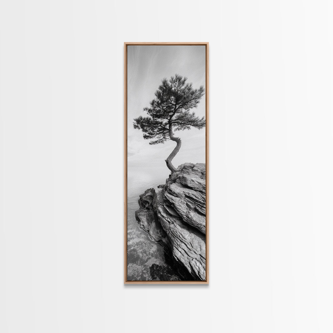 Lone Pine Tree, Minimal Nature, Tranquil Cliff Scene, Zen Forest Print, Framed Canvas Print, Japandi Wall Art, Entryway Tree Print, Nature Minimalism