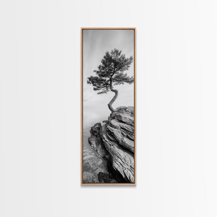 Lone Pine Tree, Minimal Nature, Tranquil Cliff Scene, Zen Forest Print, Framed Canvas Print, Japandi Wall Art, Entryway Tree Print, Nature Minimalism