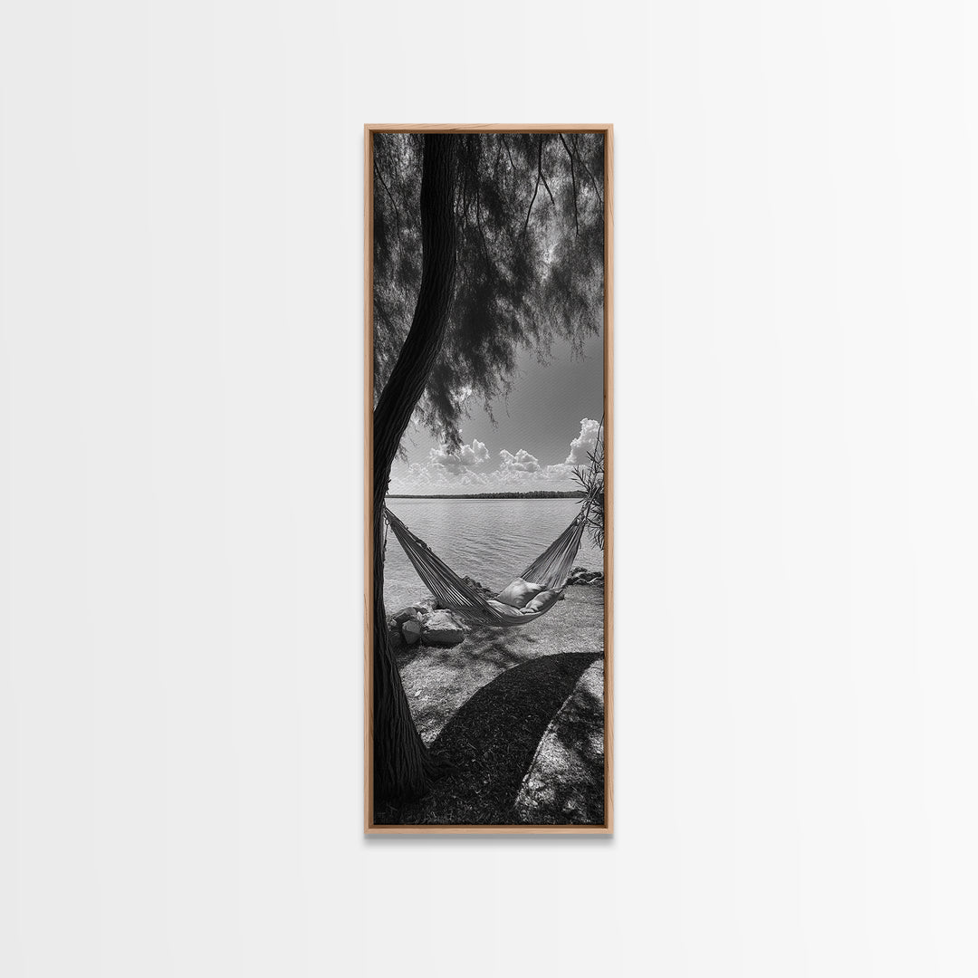 Hammock Dreams, Coastal Rest, Lakeside Retreat, Chill Vibes, Framed Canvas Print, Boho Wall Art, Serene Bedroom Art, Relaxation Inspired Decor