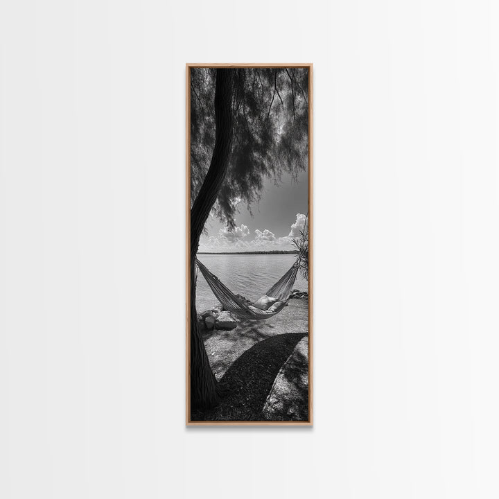 Hammock Dreams, Coastal Rest, Lakeside Retreat, Chill Vibes, Framed Canvas Print, Boho Wall Art, Serene Bedroom Art, Relaxation Inspired Decor