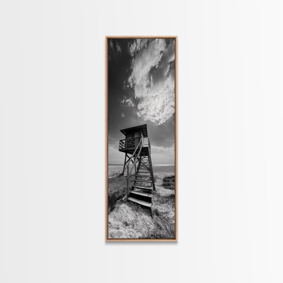 Lifeguard Tower, Beach Vibes, Ocean Escape, Dramatic Sky, Framed Canvas Print, Surf Shack Decor, Coastal Bedroom Wall Art, Minimal Beach Art