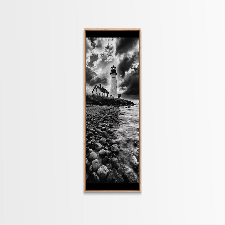 Lighthouse Drama, Coastal Storm, Rocky Shoreline Scene, Moody Ocean Sky, Framed Canvas Print, Nautical Living Room Wall Art, Black White Art