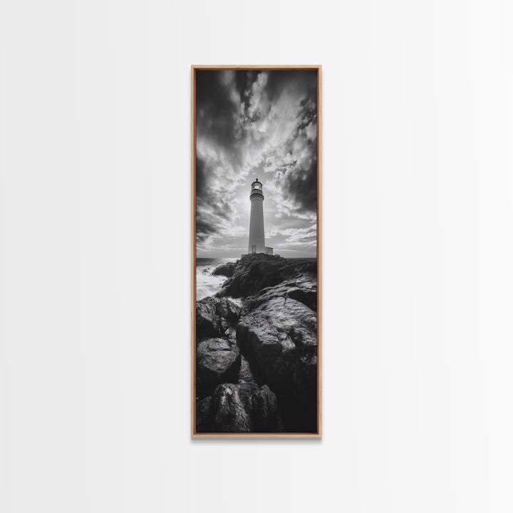 Coastal Beacon, Nautical Light, Ocean Landscape, Sunset Sky, Lighthouse Photography Framed Canvas Print, Living Room Nautical Wall Art