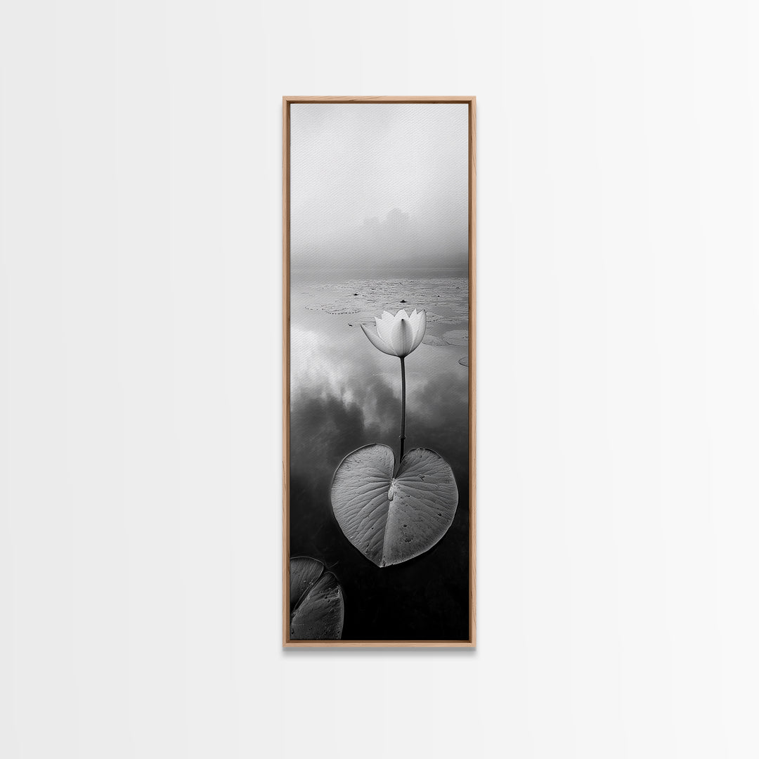 Minimalist Lotus, Zen Flower, Misty Pond, Tranquil Nature, Monochrome Botanical Framed Canvas Print, Bedroom Meditation Wall Decor
