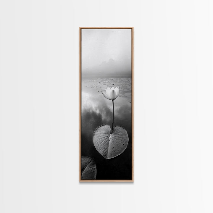 Minimalist Lotus, Zen Flower, Misty Pond, Tranquil Nature, Monochrome Botanical Framed Canvas Print, Bedroom Meditation Wall Decor