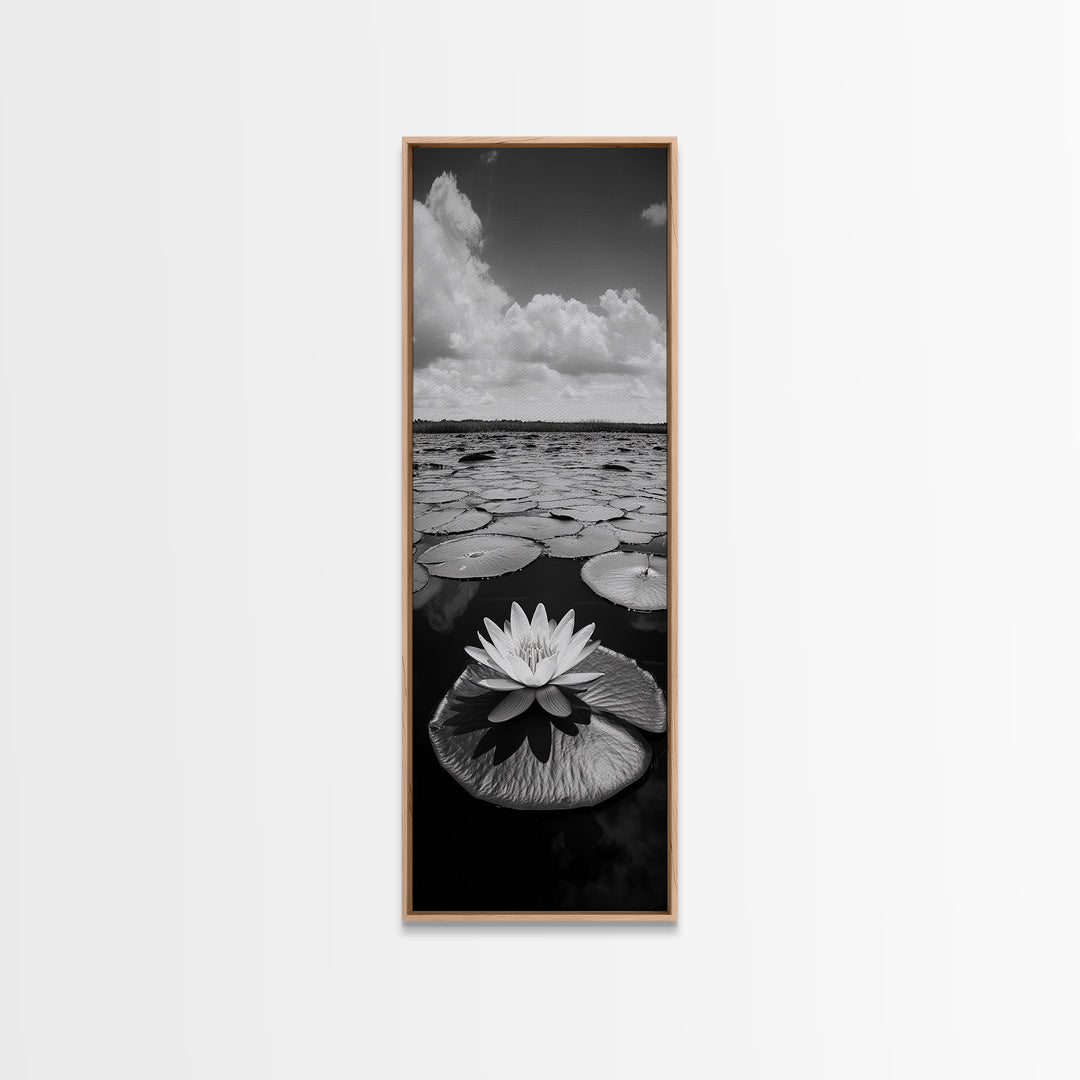 Water Lily Bloom, Lake Flowers, Lotus Petals, Peaceful Reflections, Botanical Art Framed Canvas Print, Spa Room Floral Wall Decor