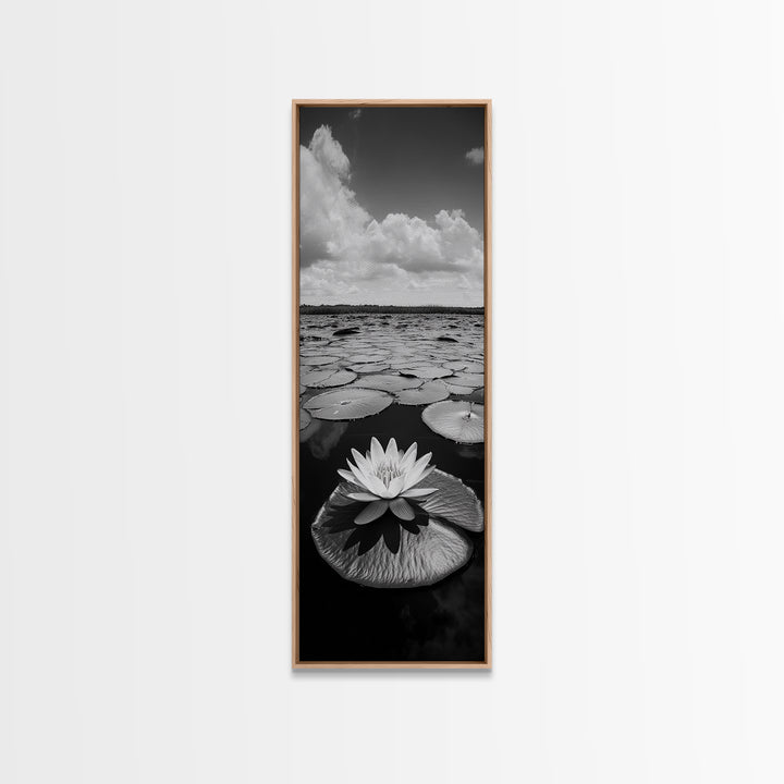 Water Lily Bloom, Lake Flowers, Lotus Petals, Peaceful Reflections, Botanical Art Framed Canvas Print, Spa Room Floral Wall Decor