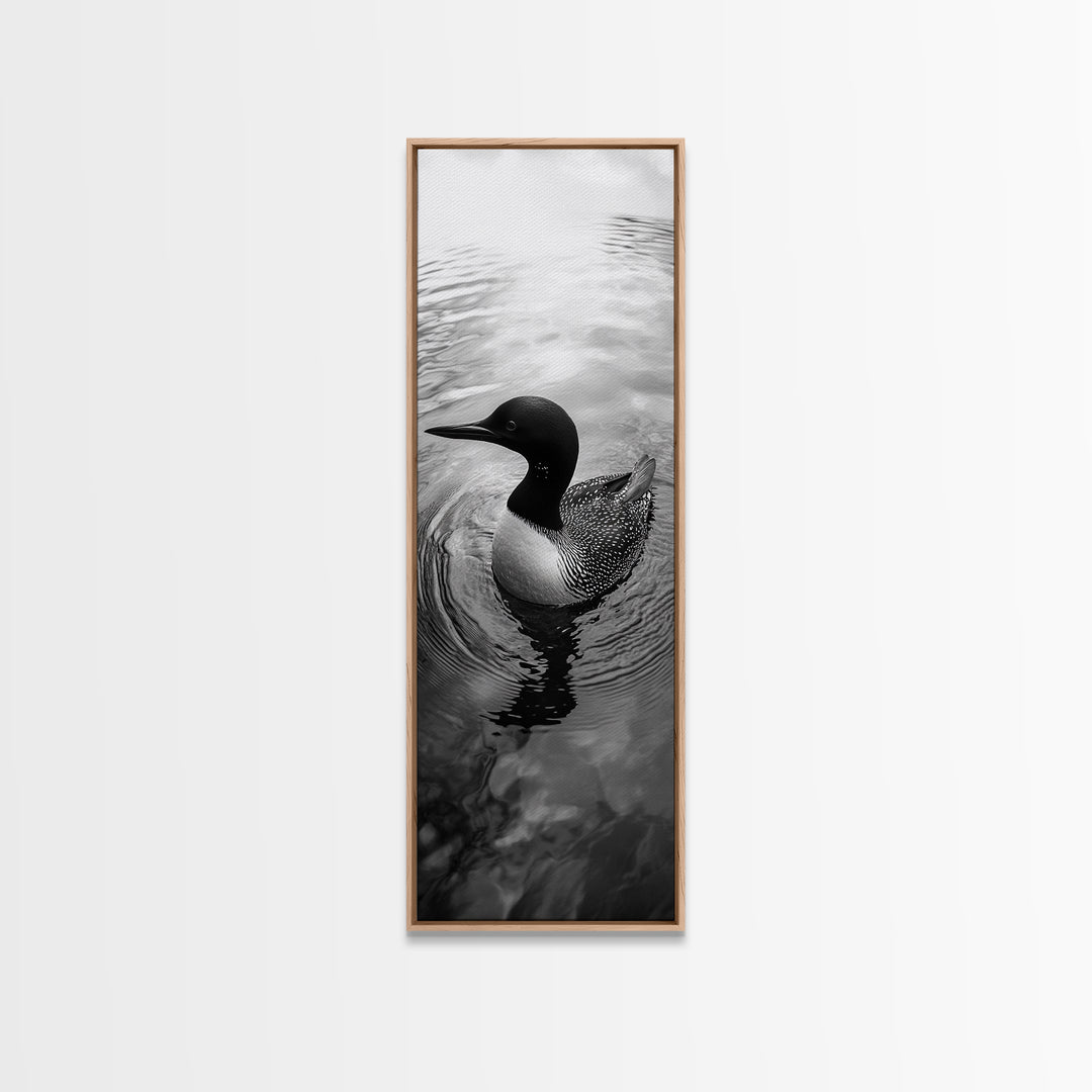Water Loon, Lake Bird, Floating Wildlife, Nature Stillness, Serene Waterfowl Framed Canvas Print, Cabin Wall Art Rustic Lakehouse Decor