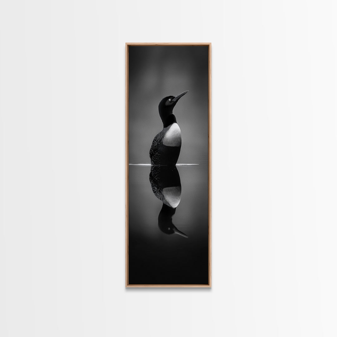 Reflected Loon, Lake Silence, Bird Mirror, Wildlife Art, Moody Black White Framed Canvas Print, Study Nature Wall Decor Minimalist Style