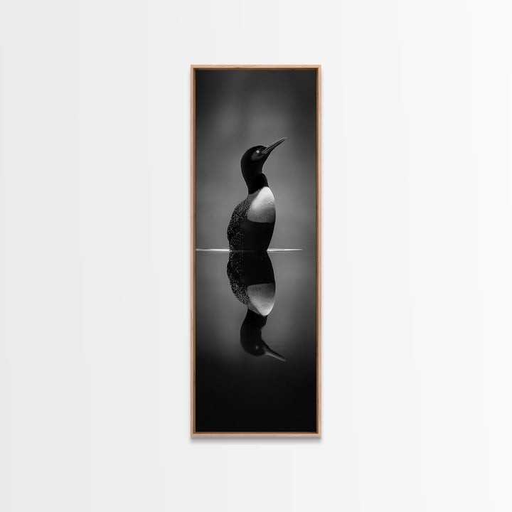 Reflected Loon, Lake Silence, Bird Mirror, Wildlife Art, Moody Black White Framed Canvas Print, Study Nature Wall Decor Minimalist Style