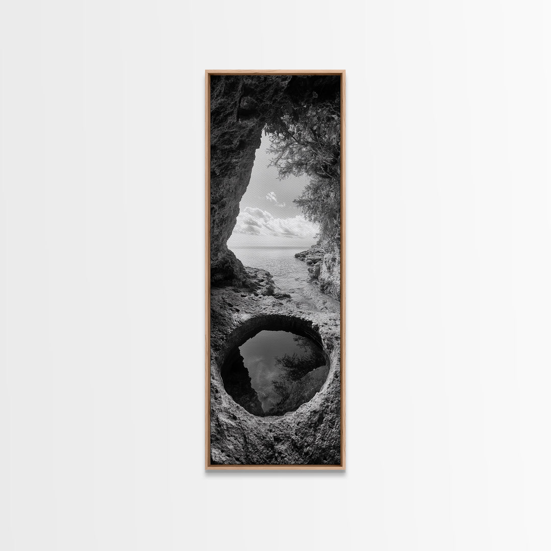 Ocean Cave, Coastal View, Natural Tide Pool, Canvas Print, Bathroom Wall Art, Seaside Decor, Minimalist Landscape, Black and White Art