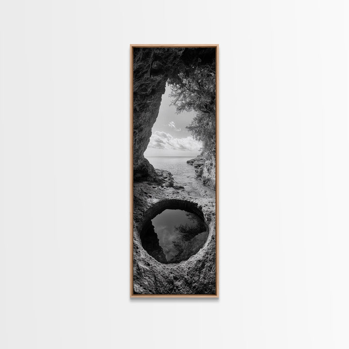 Ocean Cave, Coastal View, Natural Tide Pool, Canvas Print, Bathroom Wall Art, Seaside Decor, Minimalist Landscape, Black and White Art