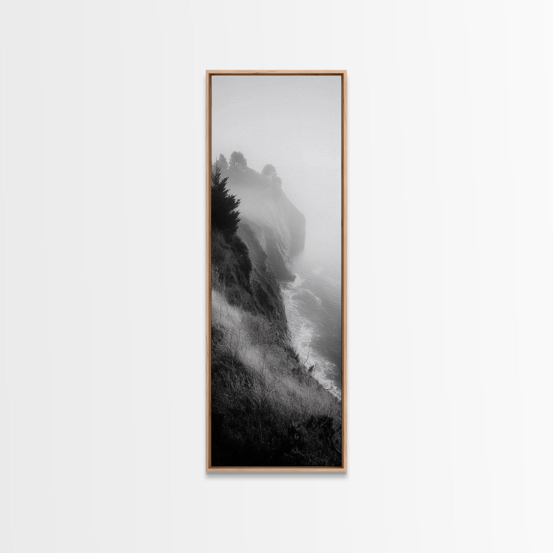 Cliffside Fog, Coastal Mist, Ocean Overlook, Framed Canvas Print, Living Room Wall Art, Monochrome Decor, Moody Landscape, Minimalist Home