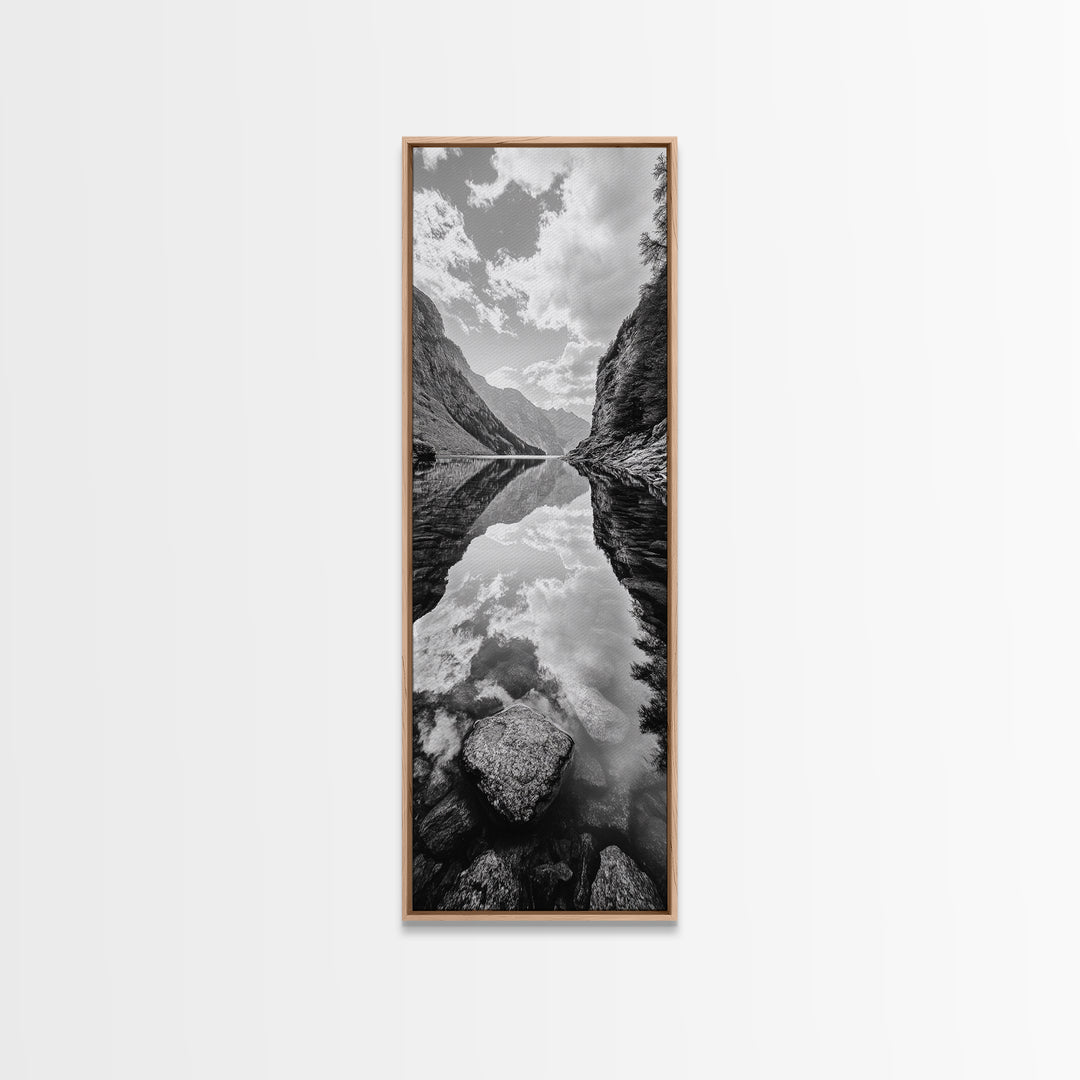 Reflective Lake, Cloud Mirror, Mountain Calm, Canvas Print, Serene Bedroom Wall Art, Nature Tranquility, Scandinavian Landscape Style