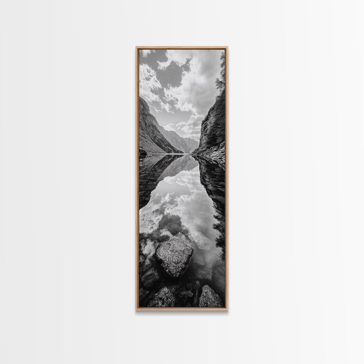 Reflective Lake, Cloud Mirror, Mountain Calm, Canvas Print, Serene Bedroom Wall Art, Nature Tranquility, Scandinavian Landscape Style