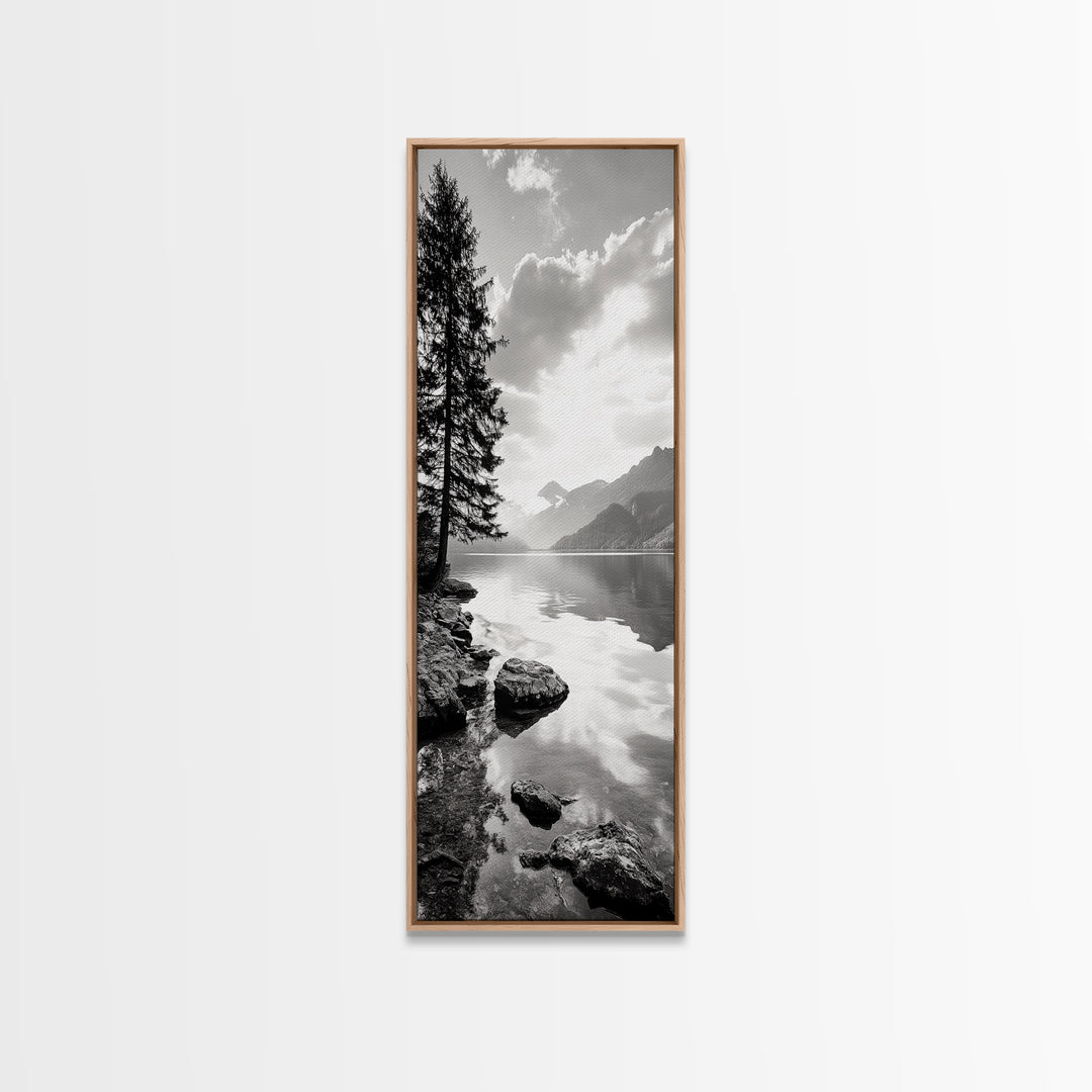 Mountain Lake Peace, Still Water View, Nature Escape, Framed Canvas Print, Living Room Wall Art, Nordic Cabin Decor, Minimal Landscape