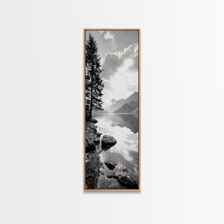 Mountain Lake Peace, Still Water View, Nature Escape, Framed Canvas Print, Living Room Wall Art, Nordic Cabin Decor, Minimal Landscape
