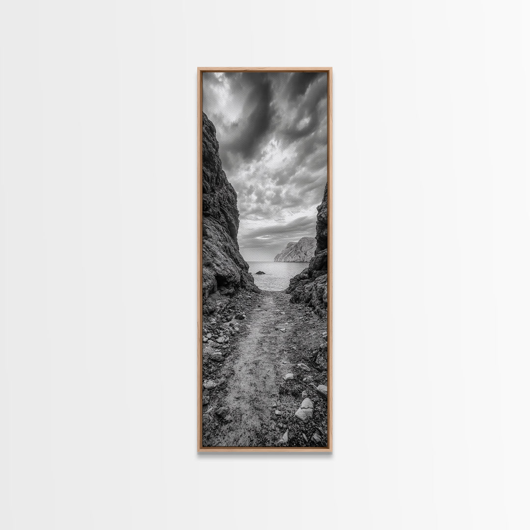 Rocky Pathway, Seaside Trail, Cloudy Horizon, Framed Canvas Print, Moody Coastal Wall Art, Nature Inspired, Monochrome Travel Decor