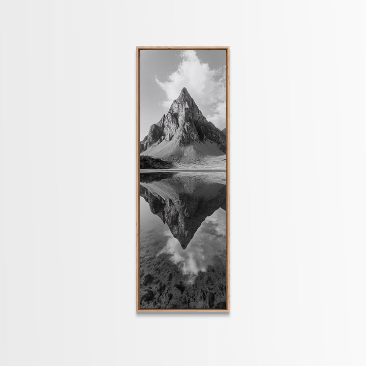 Sharp Mountain Peak, Reflection Stillness, Monochrome Wild, Framed Canvas Print, Rustic Cabin Wall Art, Nature Lover Gift Idea