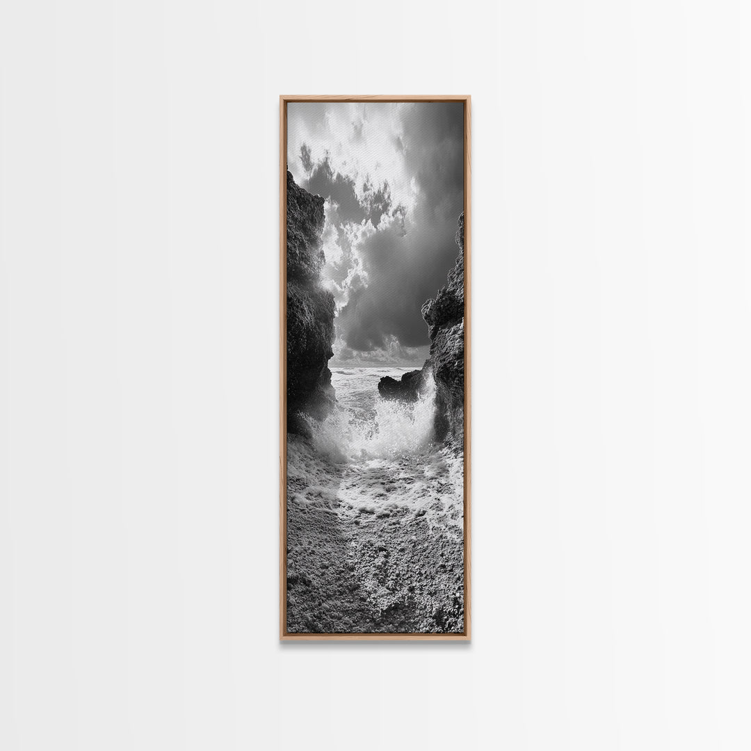 Wave Crash Rocks, Ocean Drama Scene, Moody Beach Photography, Coastal Kitchen Decor, Framed Canvas Print, Nautical Wall Art