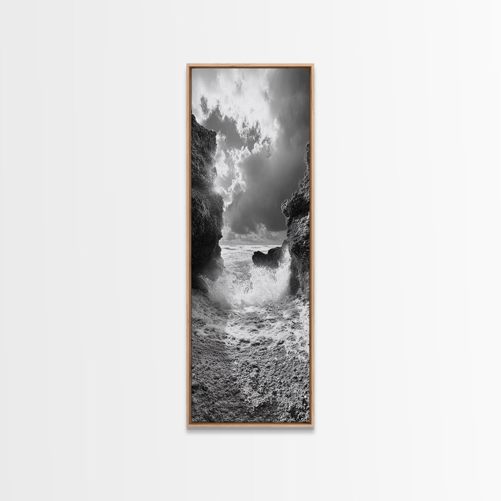 Wave Crash Rocks, Ocean Drama Scene, Moody Beach Photography, Coastal Kitchen Decor, Framed Canvas Print, Nautical Wall Art