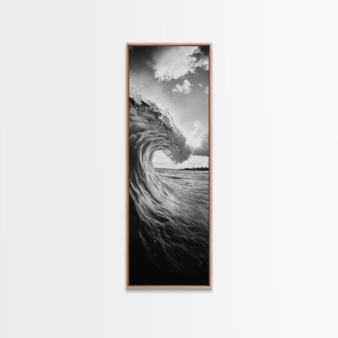 Ocean Wave Curl, Black White Surf, Modern Coastal Art, Bathroom Beach Decor, Framed Canvas Print, Minimalist Wall Style, Living Room Art