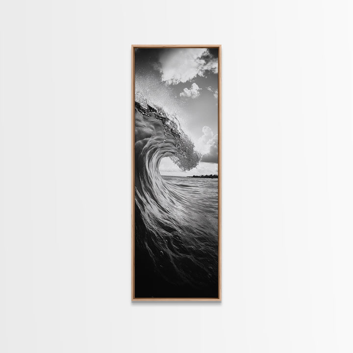 Ocean Wave Curl, Black White Surf, Modern Coastal Art, Bathroom Beach Decor, Framed Canvas Print, Minimalist Wall Style, Living Room Art