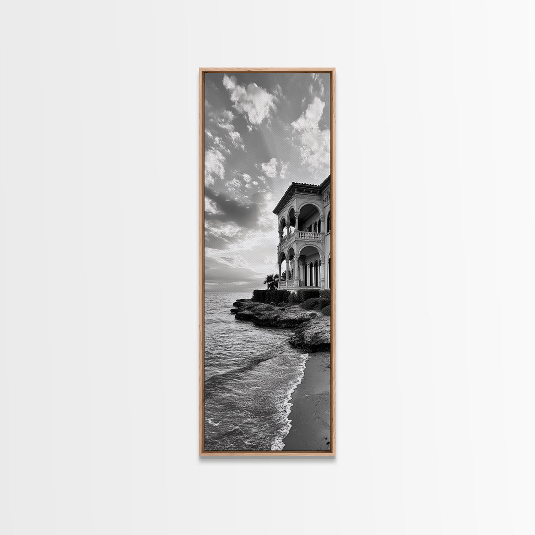 Italian Villa Coast, Seaside Architecture Print, Elegant Travel Decor, Framed Canvas Print, Dining Room Wall Art, Monochrome